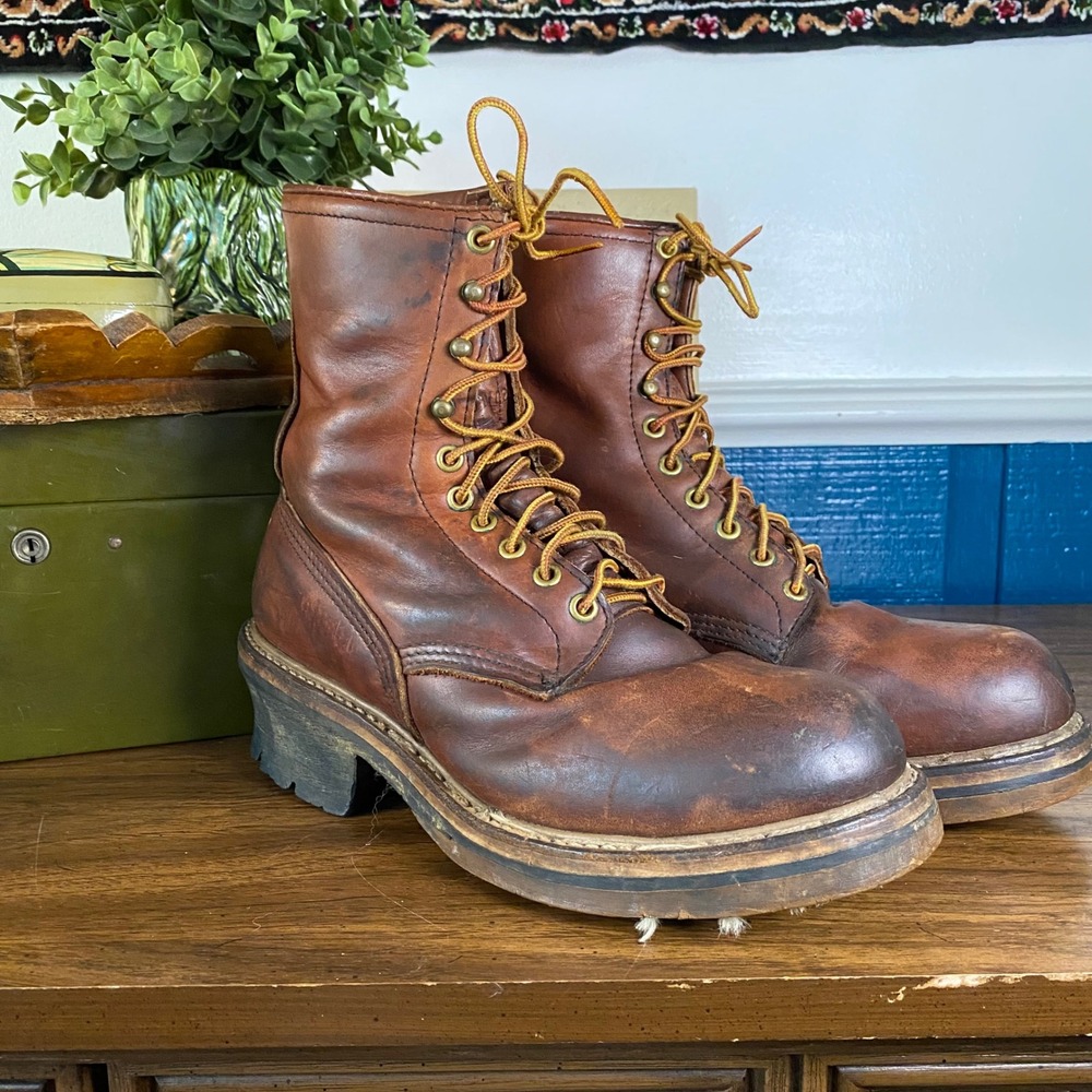 Vintage Red Wing Logger Boots Brown Leather Lace Up Lug Sole Mens 10.5